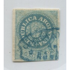 ARGENTINA 1862 GJ 09 ESCUDITO de 15 Cts. ESTAMPILLA LIBRE DE FALTAS COLOR AZUL VERDOSO CON MATASELLO ROSARIO, MUY LINDO EJEMPLAR U$ 245 RARISIMO !!!